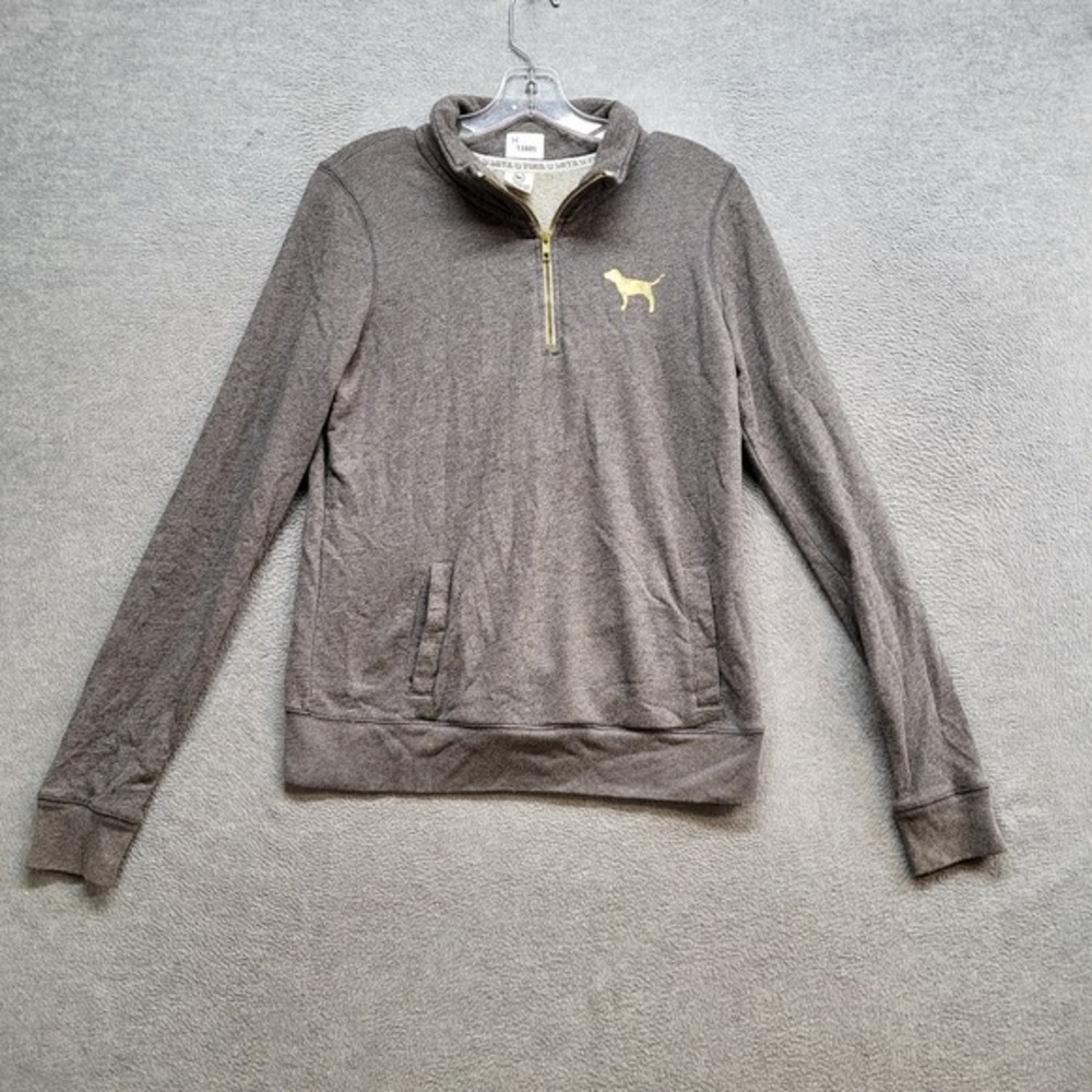 PINK Victoria's Secret Women Sweatshirt Small‎ Gray 1/4 Zip Logo Dog Love Campus